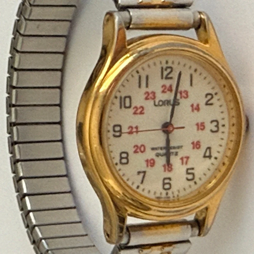 Vintage Lorus Quartz Watch Japan Movt Gold Tone 24 Hour Dial Stretch Band